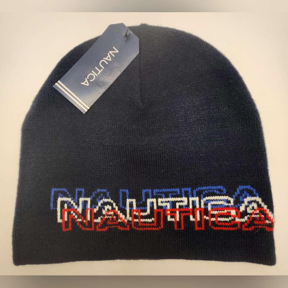 Nautica Spell Out Beanie Cap Men's One Size  Logo Navy Blue Multicolor Letters